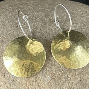 Sterling silver hoops with hammered brass dangles